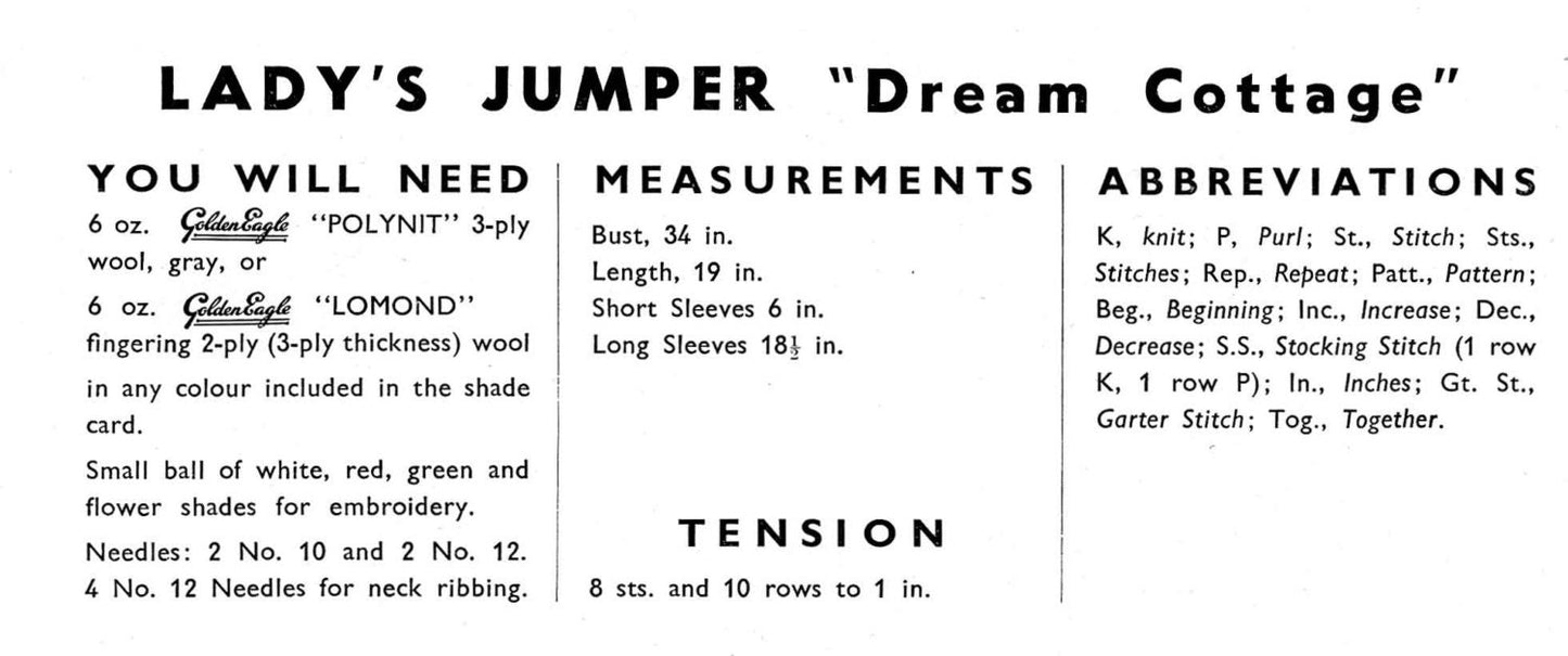 Ladies Jumper "Dream Cottage", 34" Bust, 3ply, 50s Knitting Pattern, Golden Eagle 896