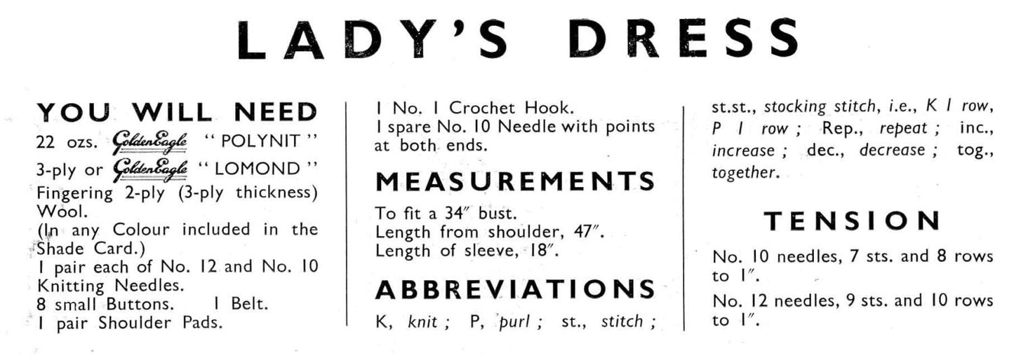 Ladies Dress, 34" Bust, 3ply, 50s Knitting Pattern, Golden Eagle 880