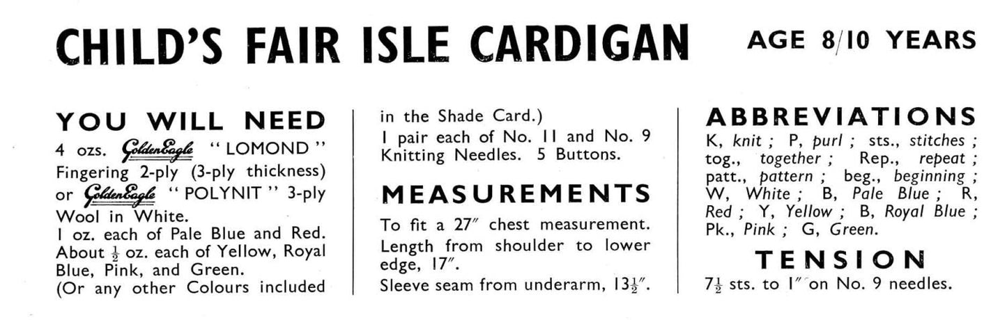 Girls Fair Isle Cardigan, 8-10 years, 27" Chest, 3ply, 50s Knitting Pattern, Golden Eagle 913