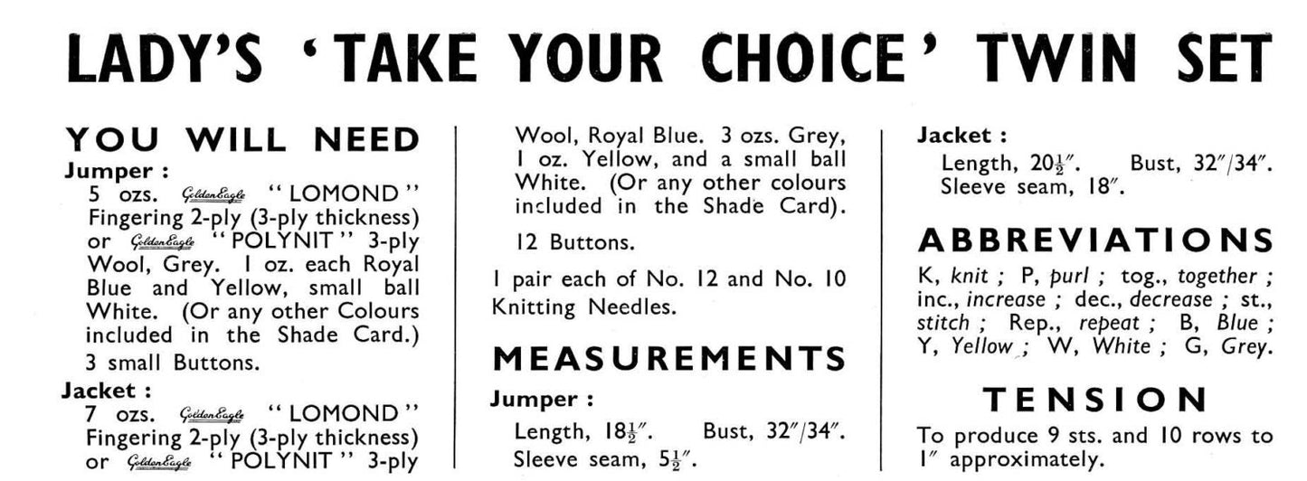 Ladies Twin Set Jumper and Waistcoat / Jacket, 32"/24" Bust, 3ply, 50s Knitting Pattern, Golden Eagle 944