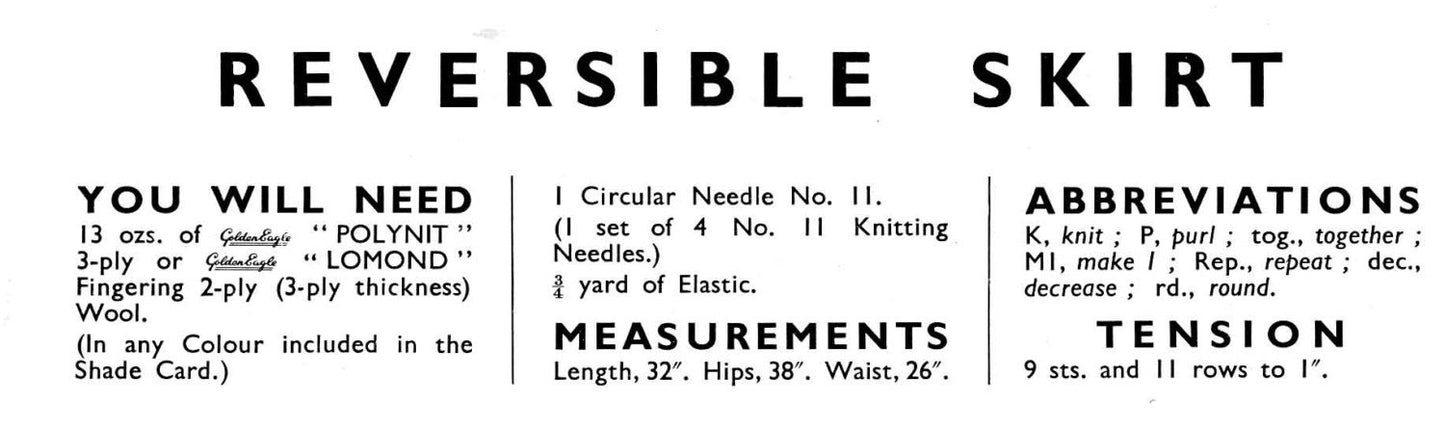 Ladies Reversible Skirt, 26" Waist, 3ply, 40s Knitting Pattern, Golden Eagle 882
