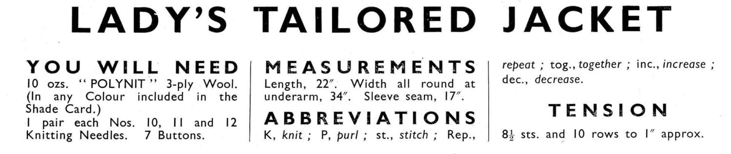 Ladies Tailored Cardigan / Jacket, 34" Bust, 3ply, 40s Knitting Pattern, Golden Eagle 800
