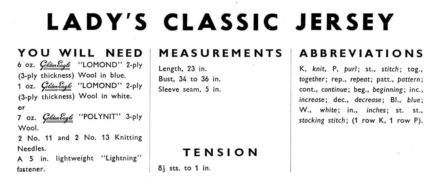 Ladies Classic Fair Isle Jersey Jumper, 34"-36" Bust, 3ply, 50s Knitting Pattern, Golden Eagle 901