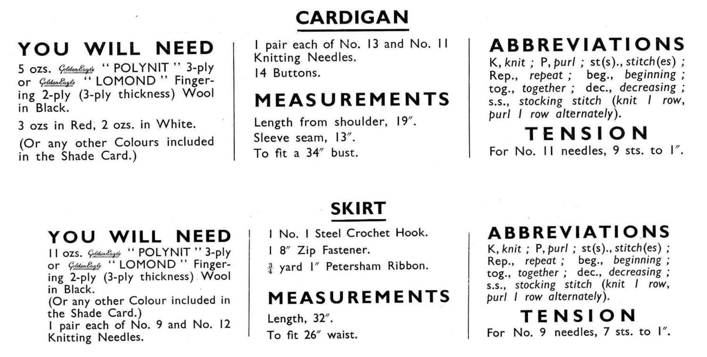 Ladies Cardigan and Skirt, Bust 34", Waist 26", 3ply, 50s Knitting Pattern, Golden Eagle 881