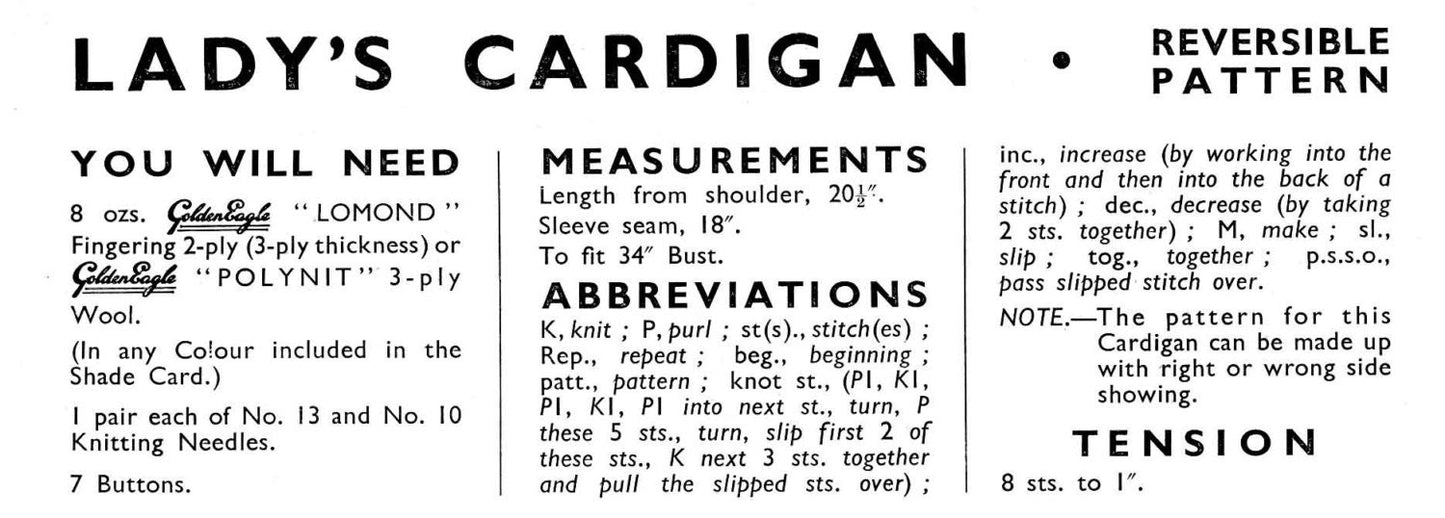 Ladies Cardigan, 35" Bust, 3ply, 50s Knitting Pattern, Golden Eagle 904