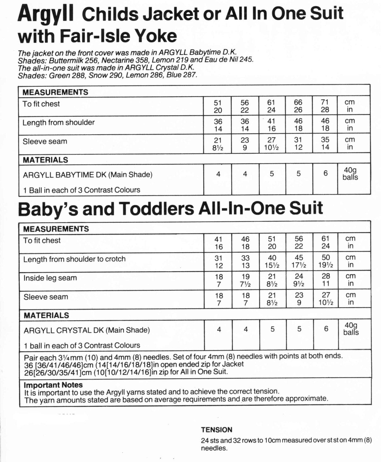 Baby, Toddler & Child's, Fair Isle Onesie and Jacket, 16"-28" Chest, DK, 80s Knitting Pattern, Argyll 246