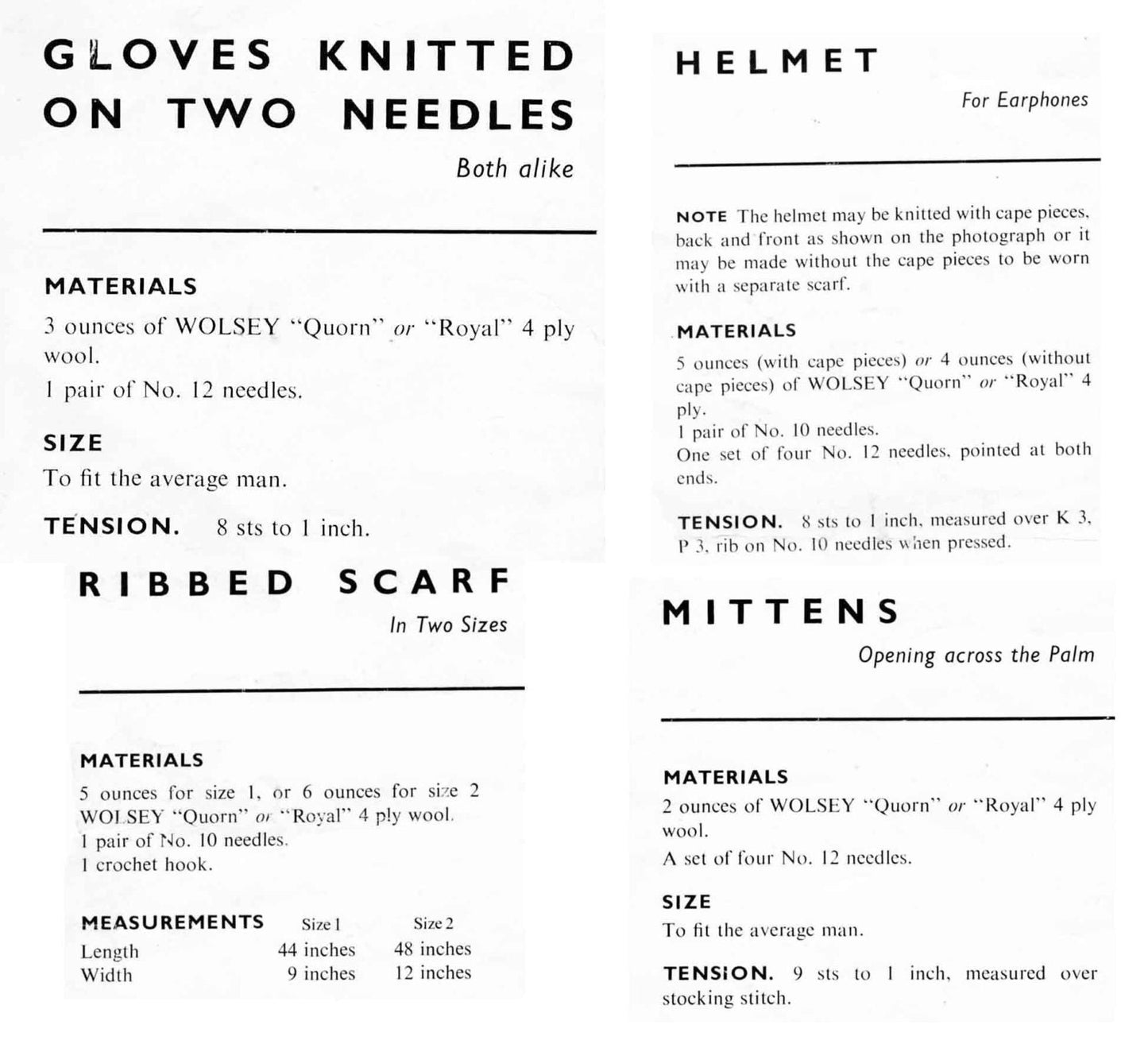 Service Woollies for Men, Gloves, Helmet, Scarf, Mittens, 4ply, 40s Knitting Pattern, Wolsey 833