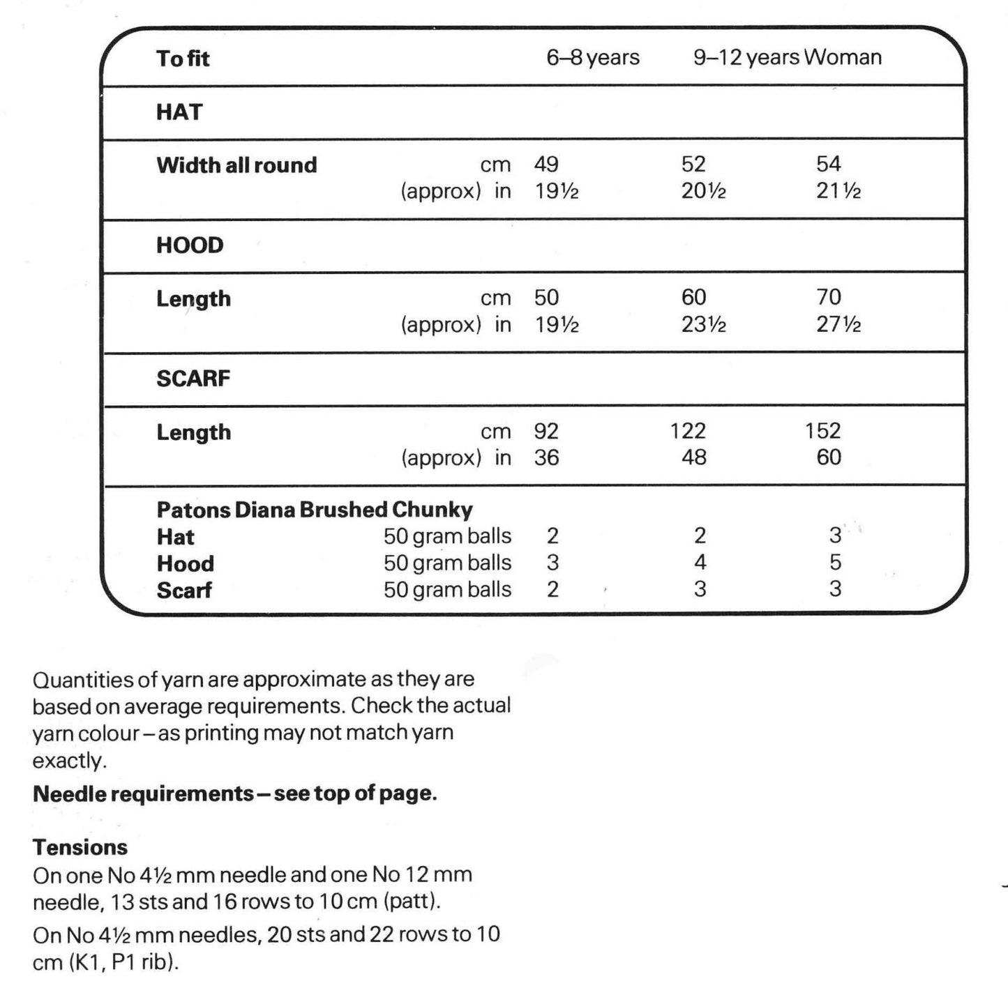 Ladies & Childs Hat, Hood and Scarf, 6-8 years, 9-12 years, Adult, Chunky, 80s Knitting Pattern, Patons 7701
