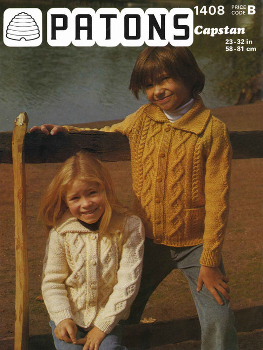 Boys and Girls Cardigan, 23"-32" Chest, Aran, 70s Knitting Pattern, Patons 1408