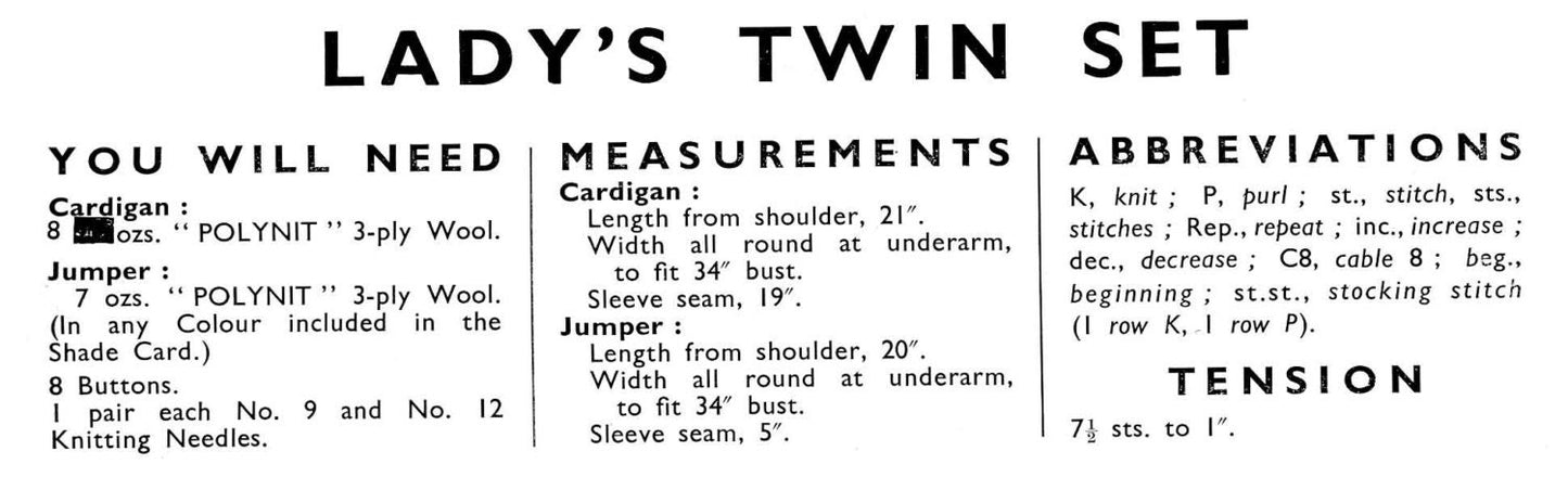 Ladies Twin Set, Cardigan and Jumper, 34" Bust, 3ply, 40s Knitting Pattern, Golden Eagle 759
