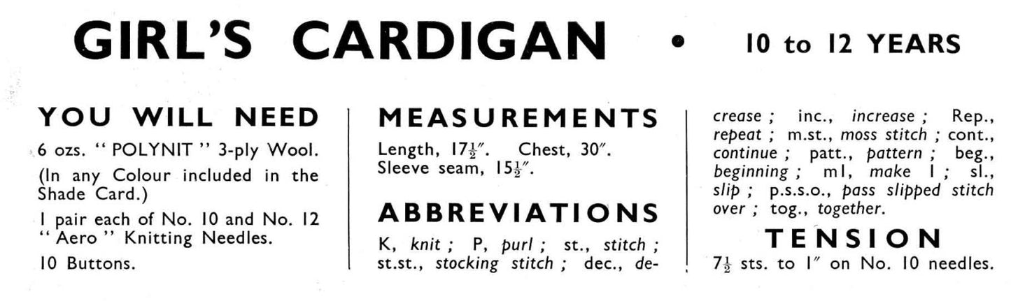 Girls Cardigan, 10-12 years, 3ply, 50s Knitting Pattern, Golden Eagle 856