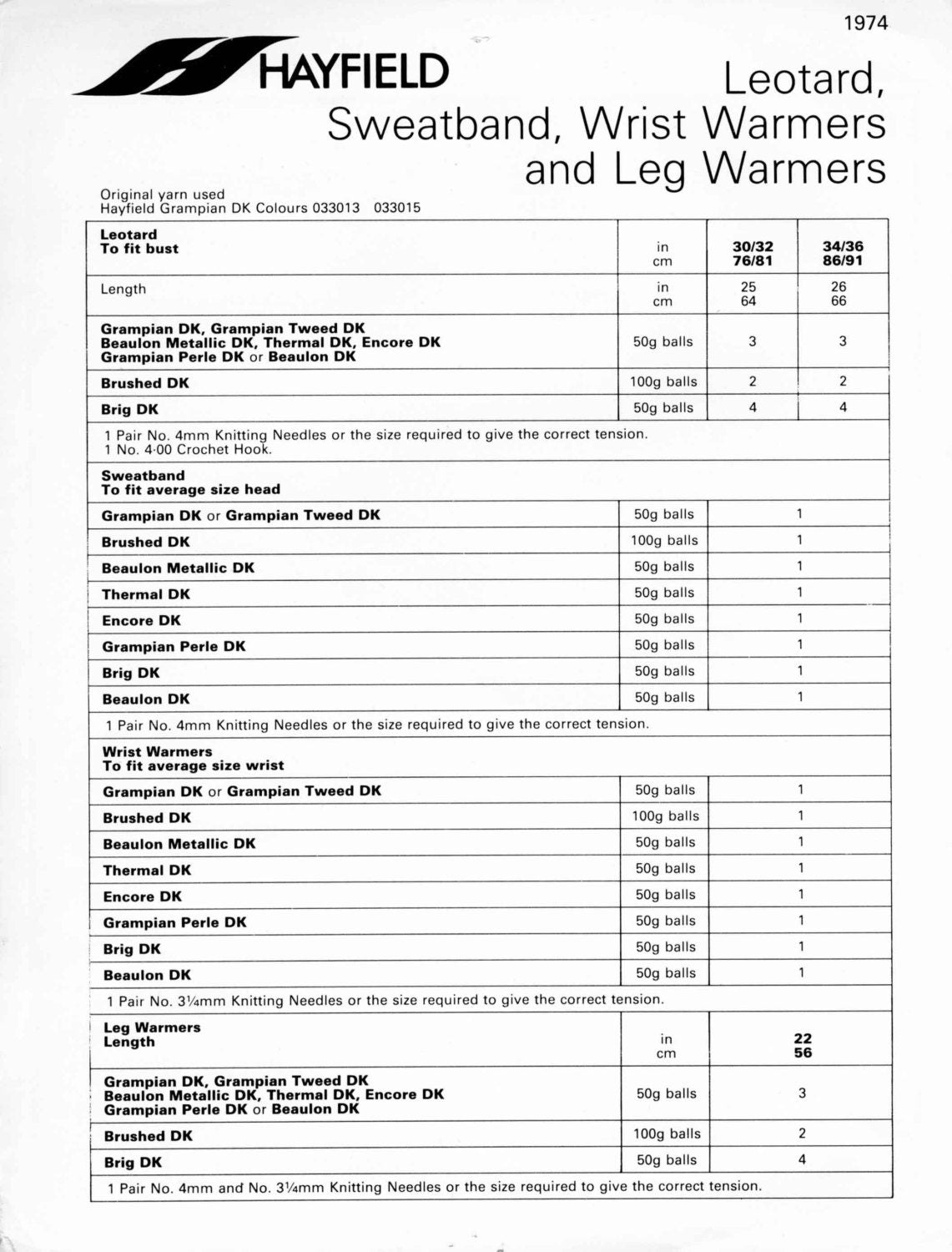 Ladies Ballet / Dance Leotard, Sweatband, Wrist Warmers, Legwarmers, 30"-36" Bust, DK, 80s Knitting Pattern, Hayfield 1974