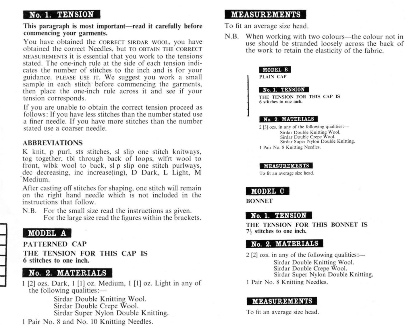 Girls Cap, Hat and Bonnet, 6/8 years & 8/10 years, DK, 60s Knitting Pattern, Sirdar 700