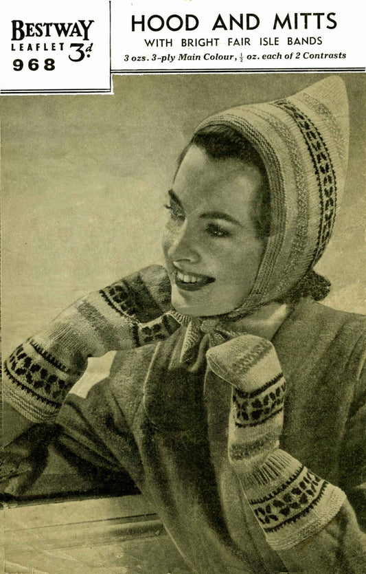 Ladies Fair Isle, Hood and Mitts, 3ply, 40s Knitting Pattern, Bestway 968