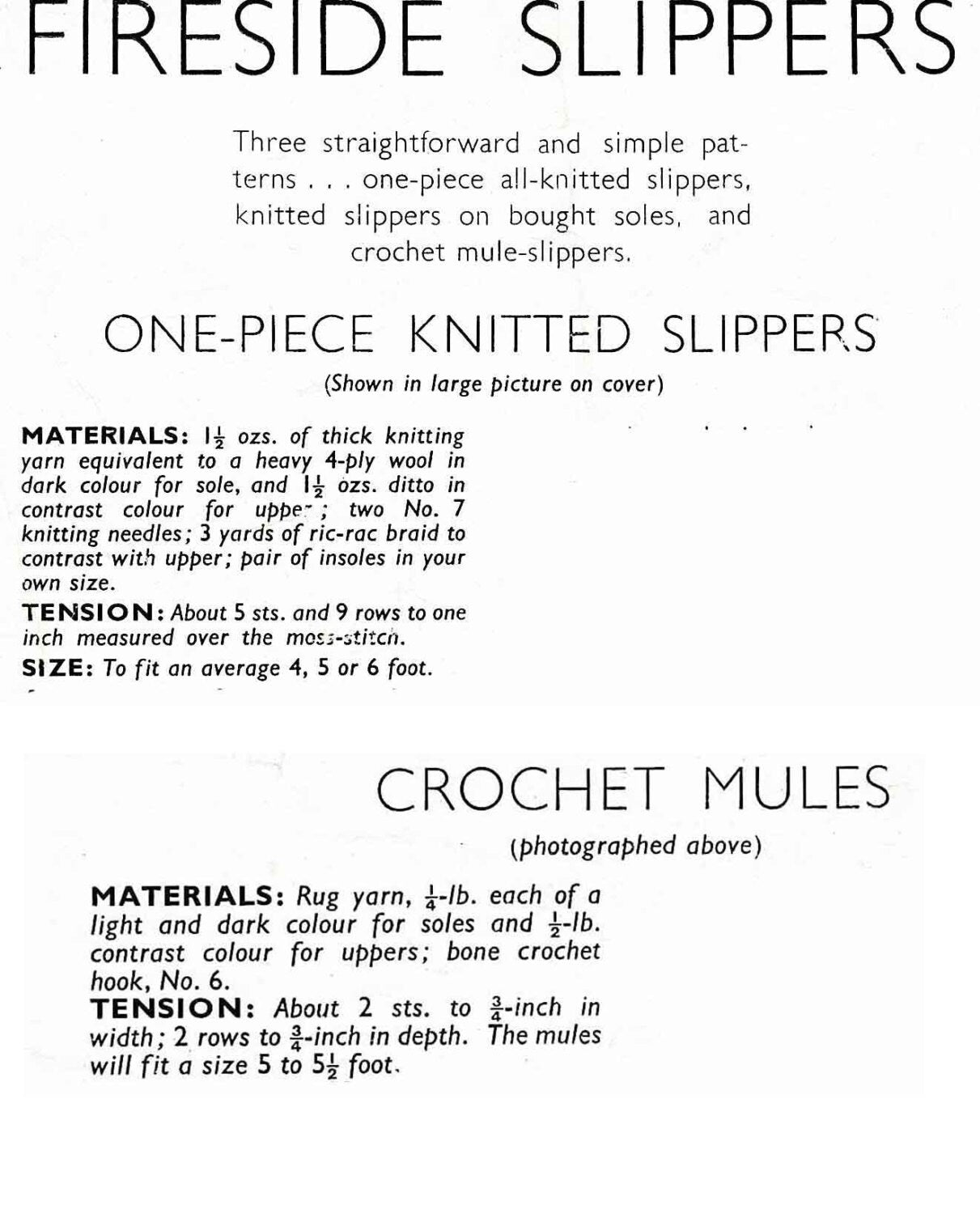 Fireside Slippers in Three Styles, 40s Knitting Pattern and Crochet Pattern, Weldons 554