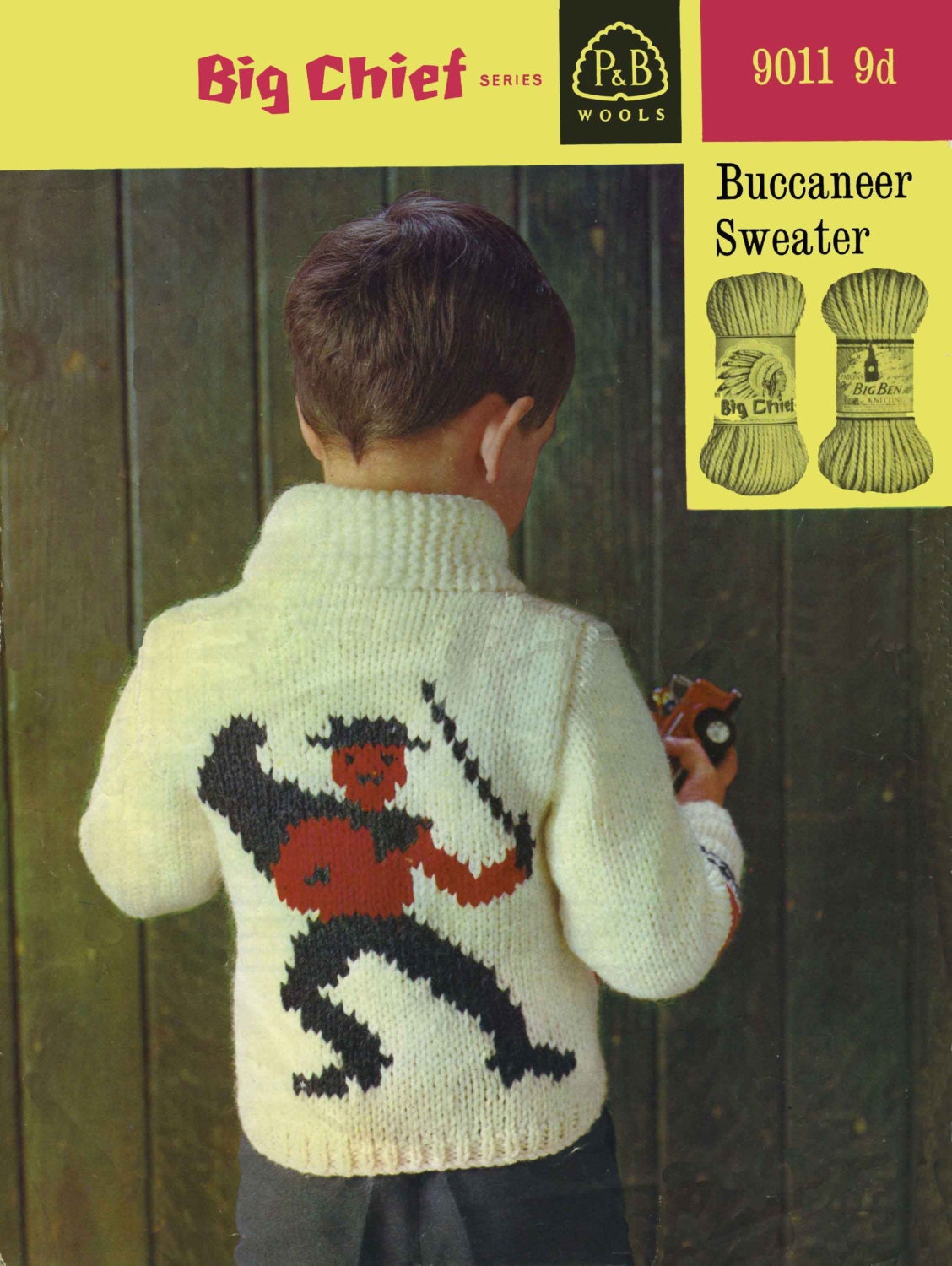 Boy Cardigan with Cowboy Motif, Chunky, 21"-24" Chest, 60s Knitting Pattern, P&B 9011