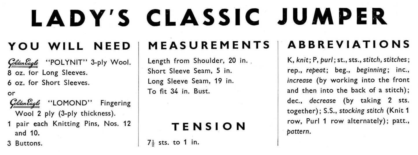 Ladies Classic Jumper, 34" Bust, 3ply, 40s Knitting Pattern, Golden Eagle 886
