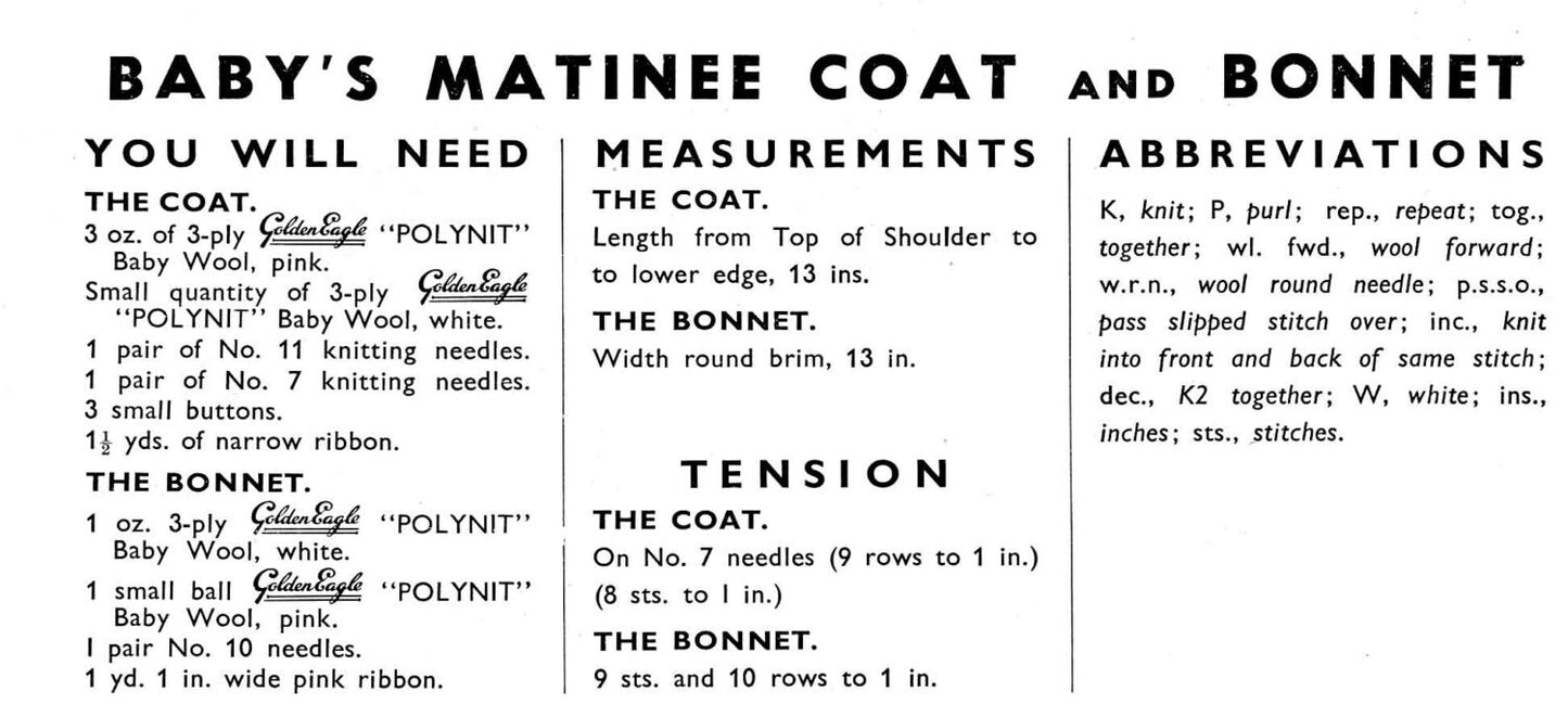 Baby's Matinee Coat and Bonnet, 3ply, 50s Knitting Pattern, Golden Eagle 917