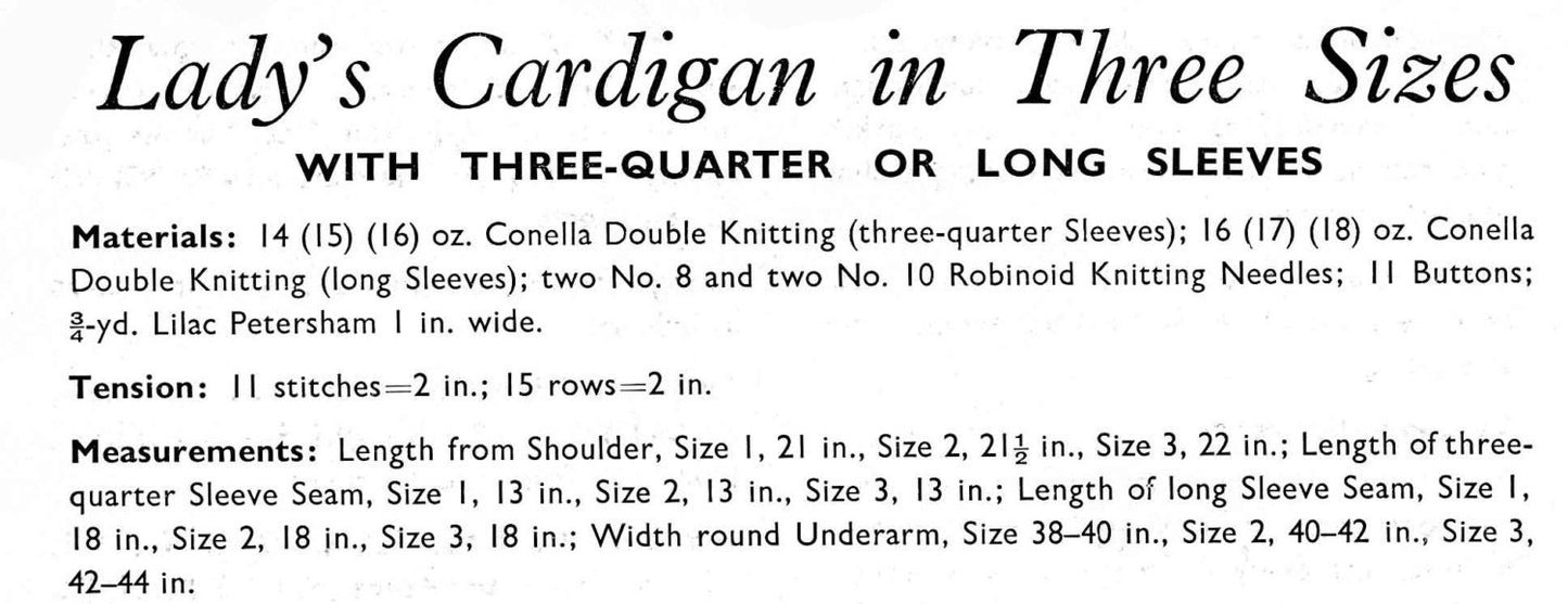 Ladies Cardigan Bust 38"-44" (with three-quarter or long sleeves), DK, 50s Knitting Pattern, Robin 474
