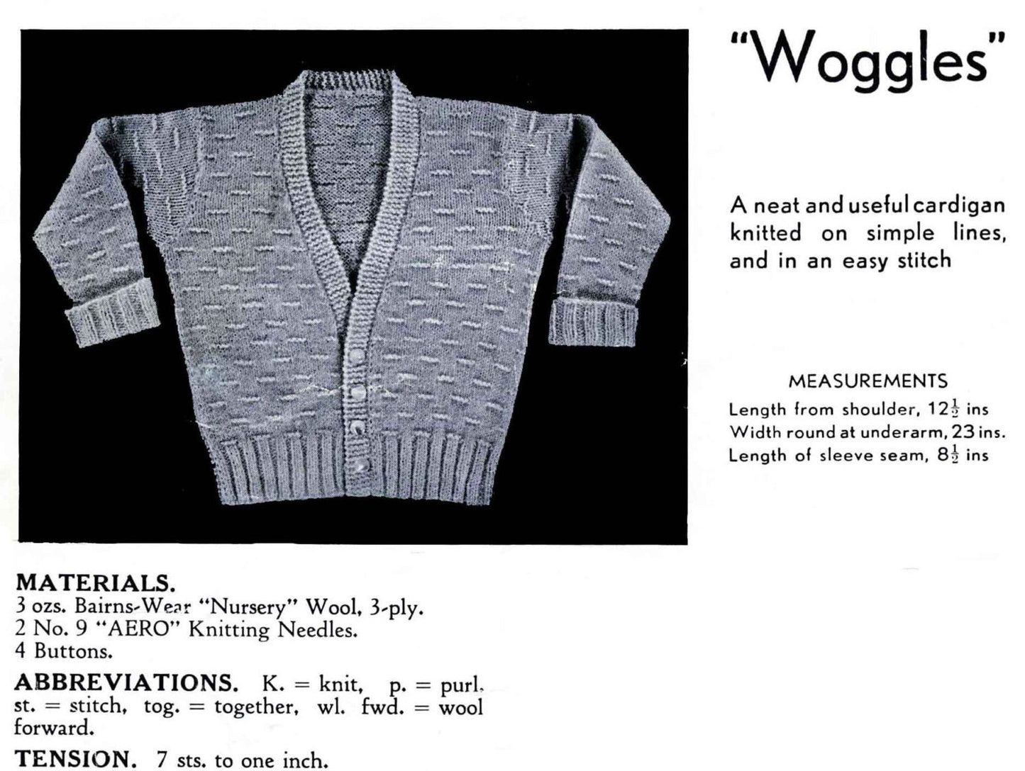Toddler Boys Cardigan in 4 Styles, 2-3 years, 3ply, 40s Knitting Pattern, Bairnswear 71