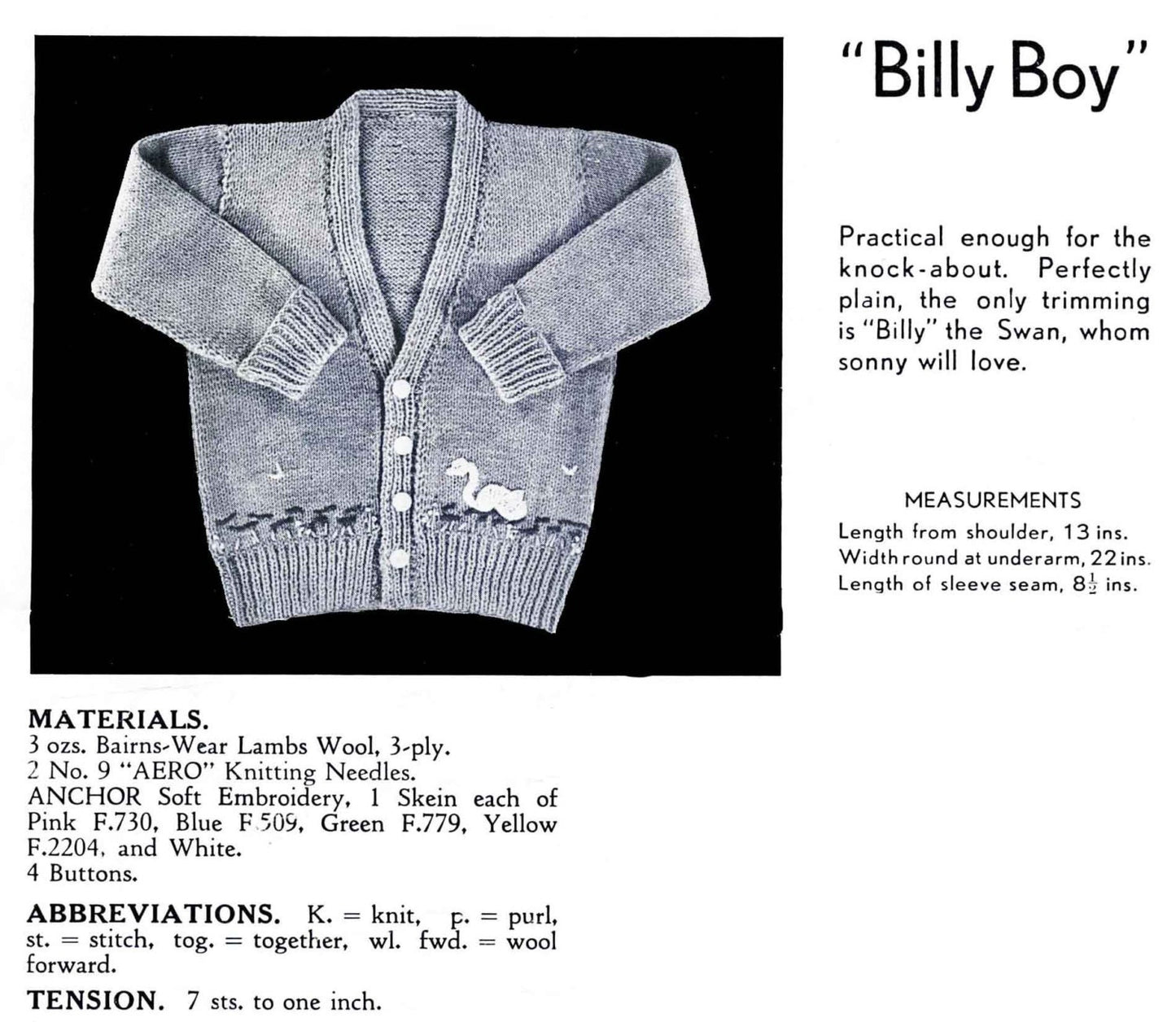 Toddler Boys Cardigan in 4 Styles, 2-3 years, 3ply, 40s Knitting Pattern, Bairnswear 71