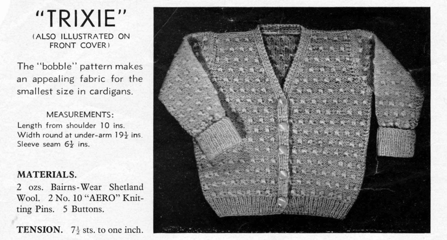 Baby Cardigan in Three Styles, 3-6 months, 3ply & 4ply, 40s Knitting Pattern, Bairnswear 190