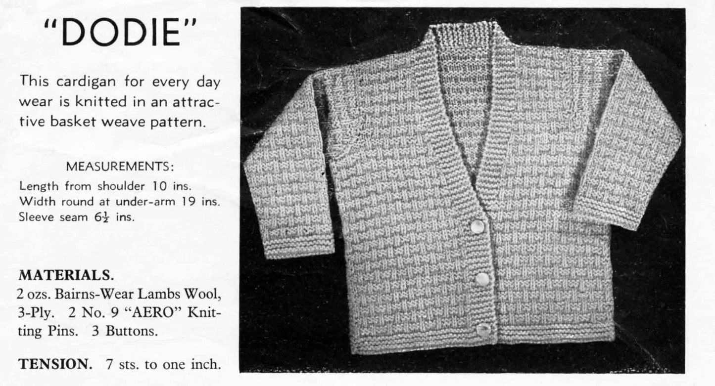Baby Cardigan in Three Styles, 3-6 months, 3ply & 4ply, 40s Knitting Pattern, Bairnswear 190