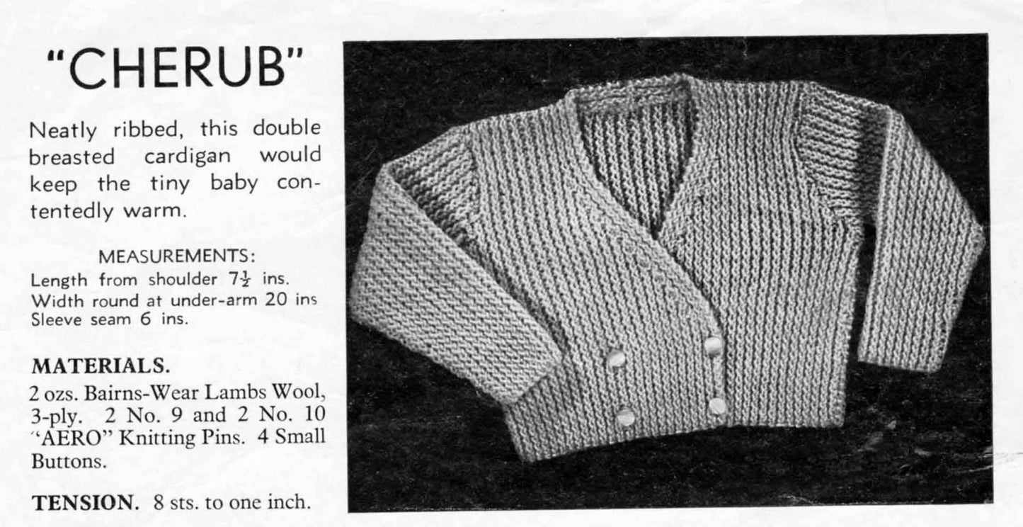 Baby Cardigan in Three Styles, 3-6 months, 3ply & 4ply, 40s Knitting Pattern, Bairnswear 190
