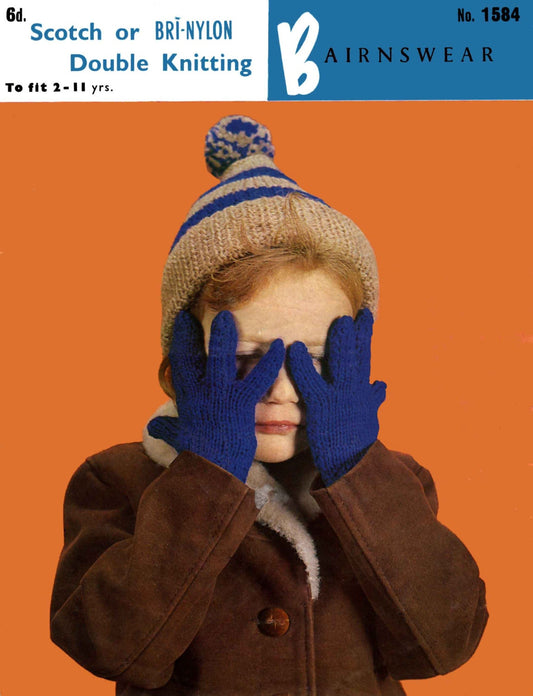 Children's Hat and Gloves, 2-11 years, DK, 60s Knitting Pattern, Bairnswear 1584