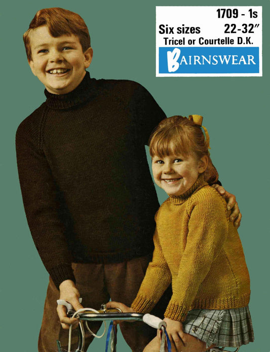 Boys and Girls Childrens Raglan Sleeve Polo Jumper 22"-32" Chest, DK, 70s Knitting Pattern, Bairnswear 1709