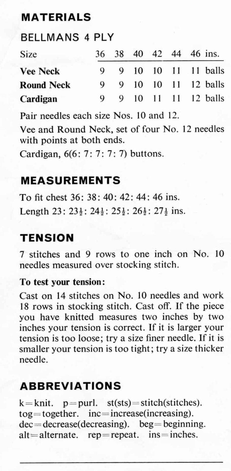 Mens Sleeveless Cardigan & Sleeveless Sweater, 36"-46" Chest, 4ply, 70s Knitting Pattern, Bellmans 1164