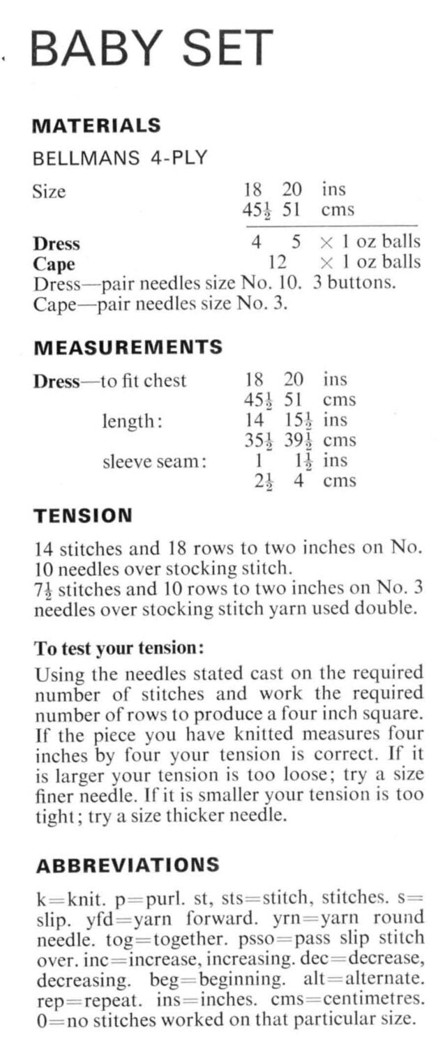 Baby Set, Dress and Cape, 4ply, 70s Knitting Pattern, Bellmans 1270