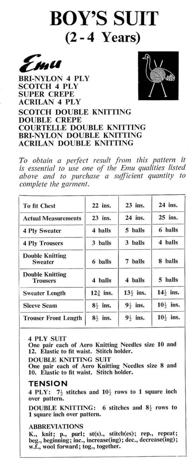 Boys Suit, Sweater / Jumper & Shorts, 2-4 years, 4ply and DK, 60s Knitting Pattern, Emu 6044
