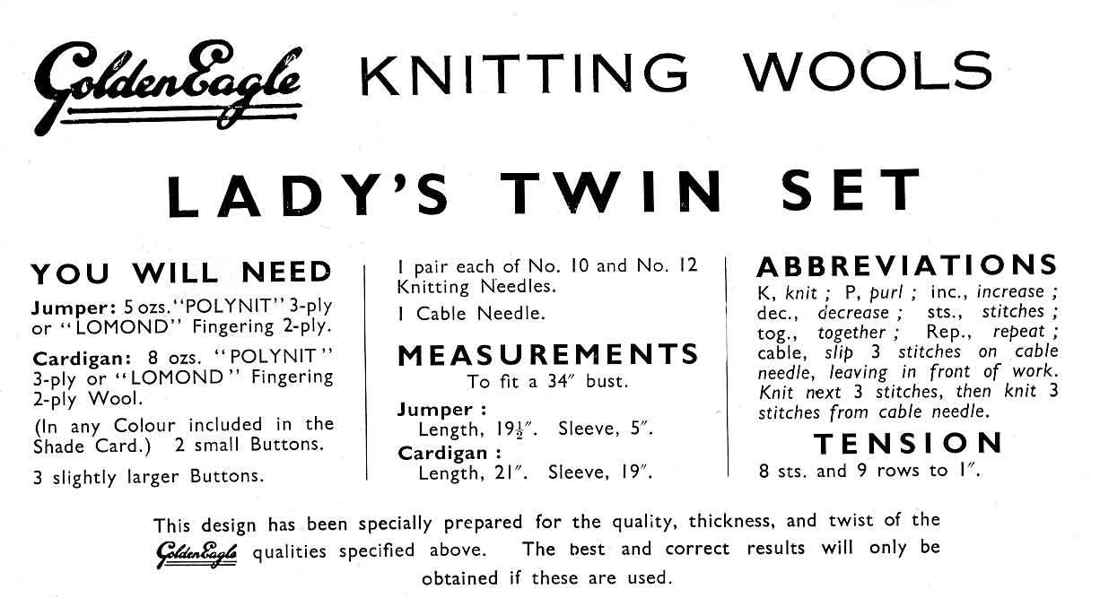 Ladies Twin Set, Cardigan & Jumper, 34" Bust, 3ply, 40s Knitting Pattern, Golden Eagle 863