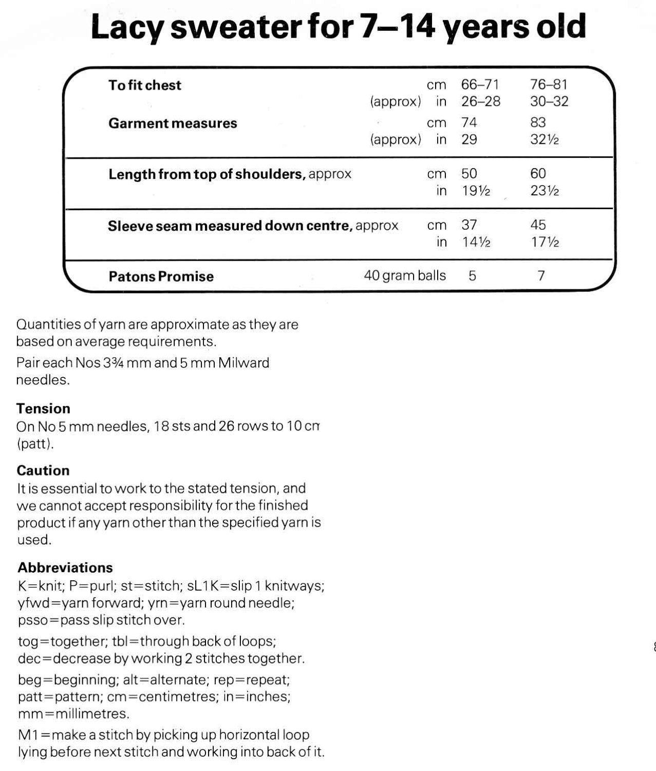 Girls Lacy Sweater / Jumper, 26"-32" Chest, DK, 80s Knitting Pattern, Patons 7225