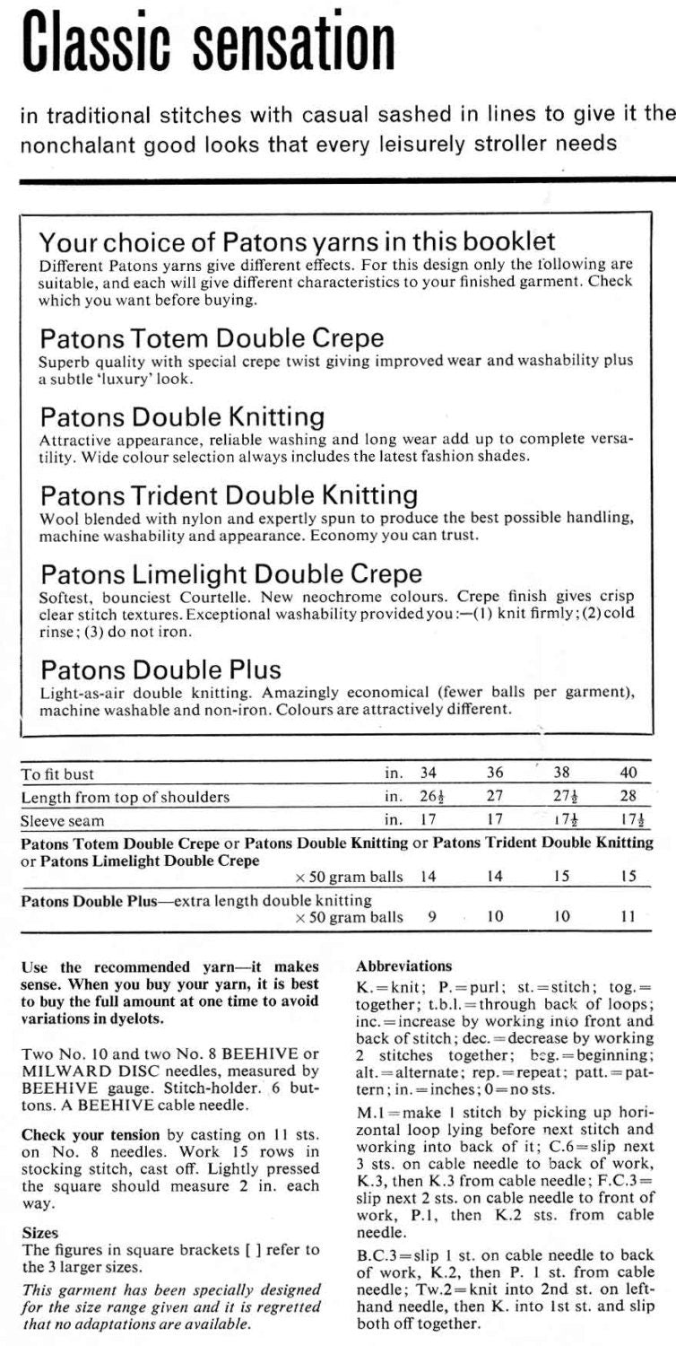 Ladies Classic Jacket / Cardigan, 34"-40" Bust, DK, 70s Knitting Pattern, Patons 2445