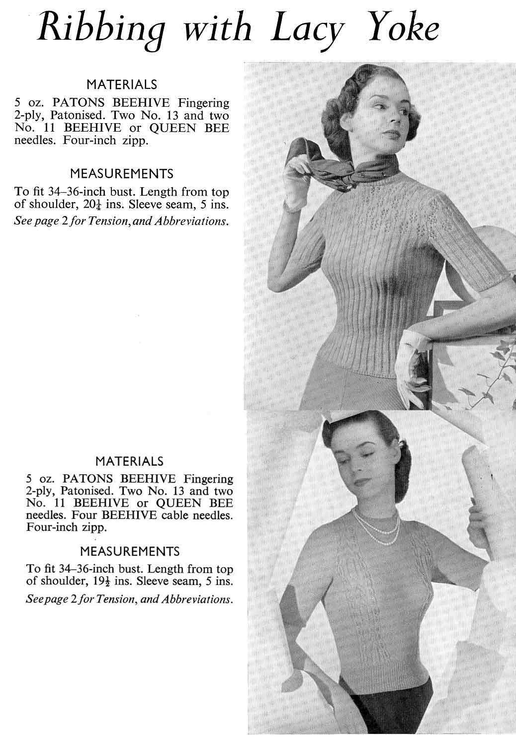 Ladies Jumper in 4 styles, 33"-36" Bust, 2ply, 50s Knitting Pattern, P&B 689