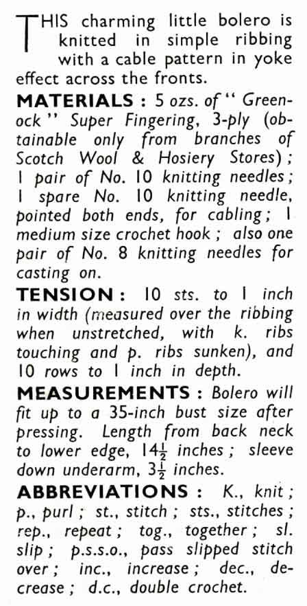 Ladies Bolero, 35" Chest, 3ply, 40s Knitting Pattern, Bestway 900