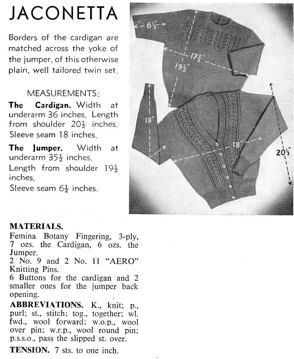 Ladies Twin Set, Cardigan and Jumper, 36" Bust, 3ply, 50s Knitting Pattern, Bairnswear 606