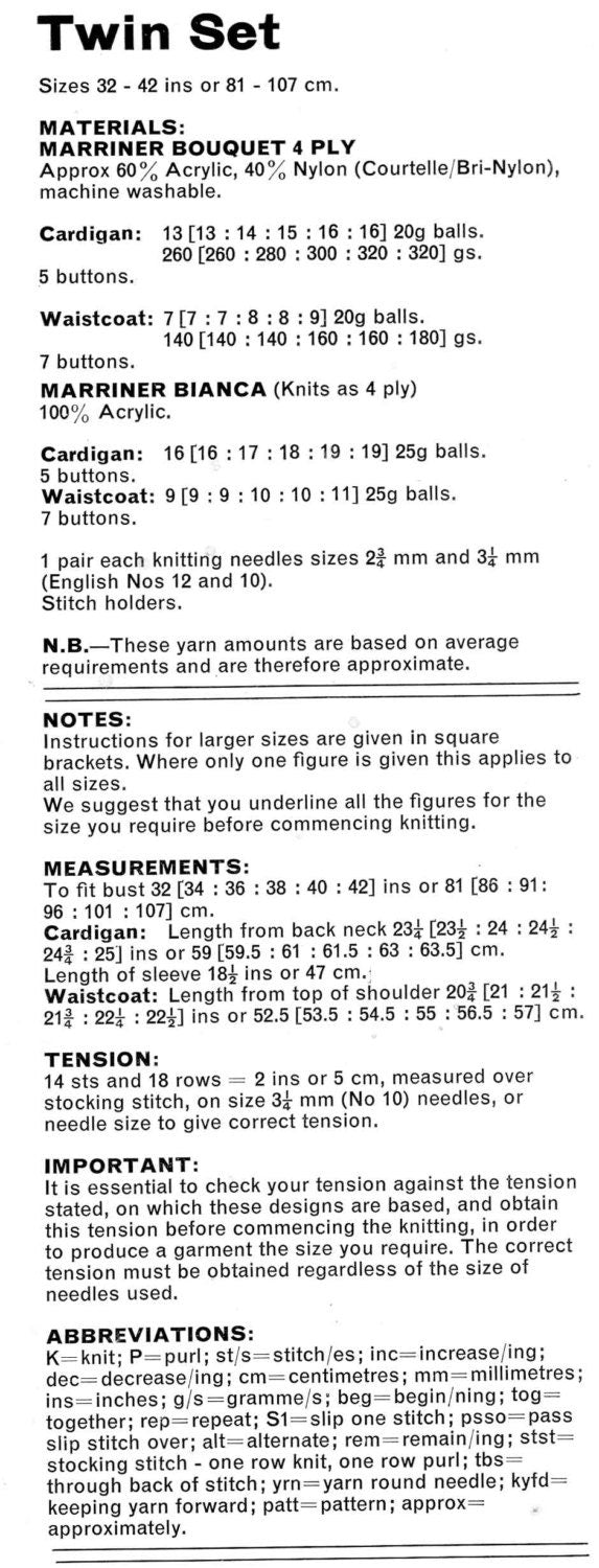 Ladies Twin Set, Cardigan and Waistcoat, 4ply, 32"-42" Bust, 80s Knitting Pattern, Marriner 1781