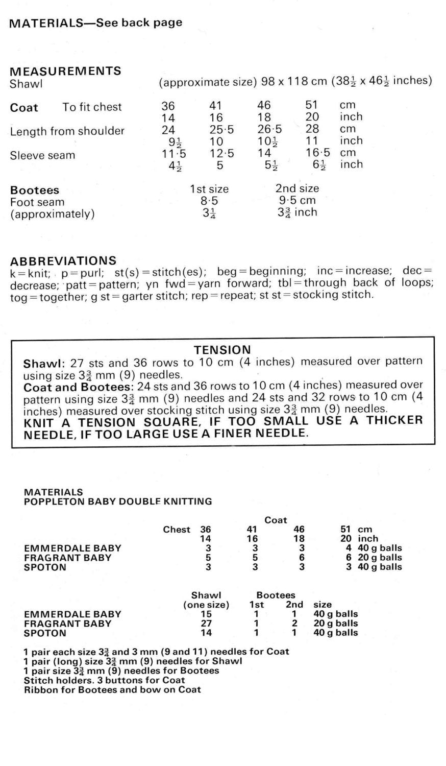 Baby Shawl, Matinee Coat / Cardigan, and Bootees, 14"-20" Chest, DK, 80s Knitting Pattern, Richard Poppleton 2070