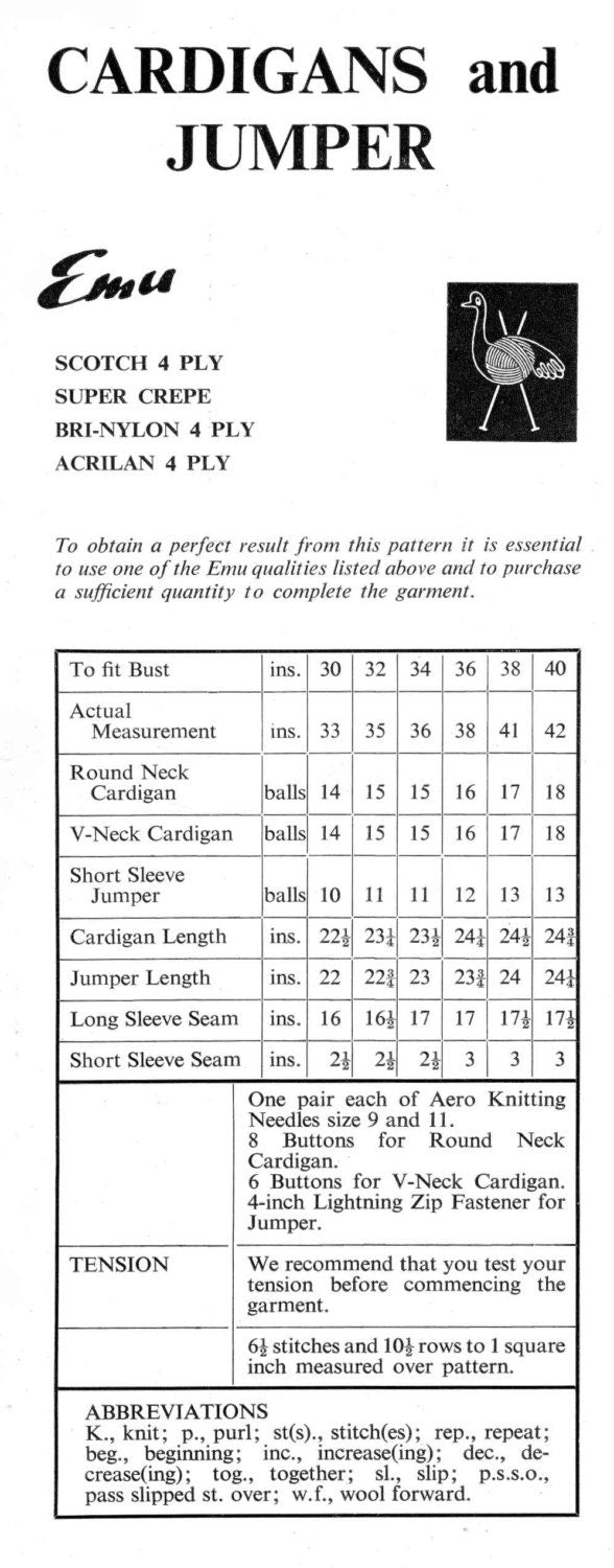 Ladies Twin Set, Jumper and Cardigan, 30"-40" Bust, 4ply, 70s Knitting Pattern, Emu 2492