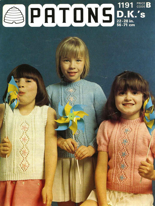 Girl's Sweaters / Jumpers in 3 Styles, 22"-28" Chest, DK, 70s Knitting Pattern, Patons 1191
