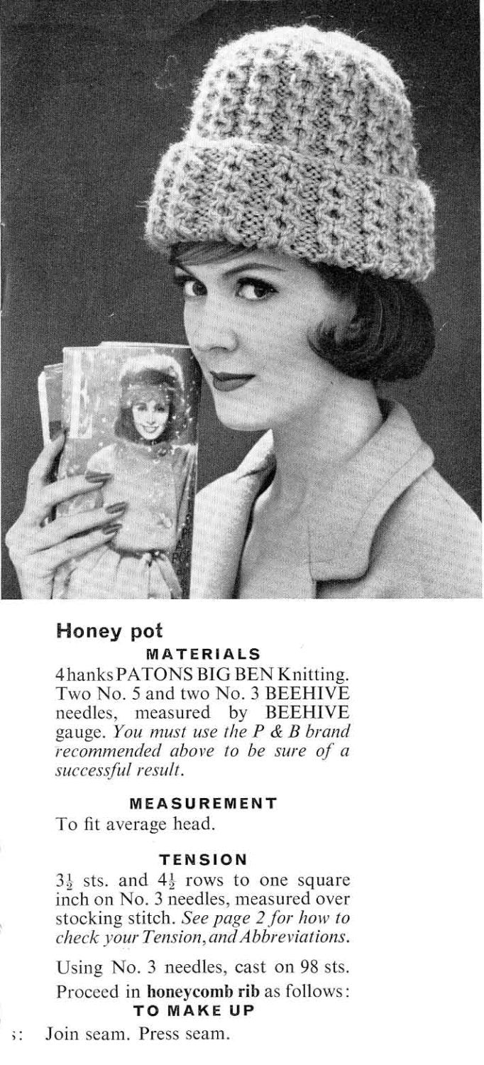 Ladies Hat, Collar and Cuffs, Chunky, 60s Knitting Pattern, P&B 1171