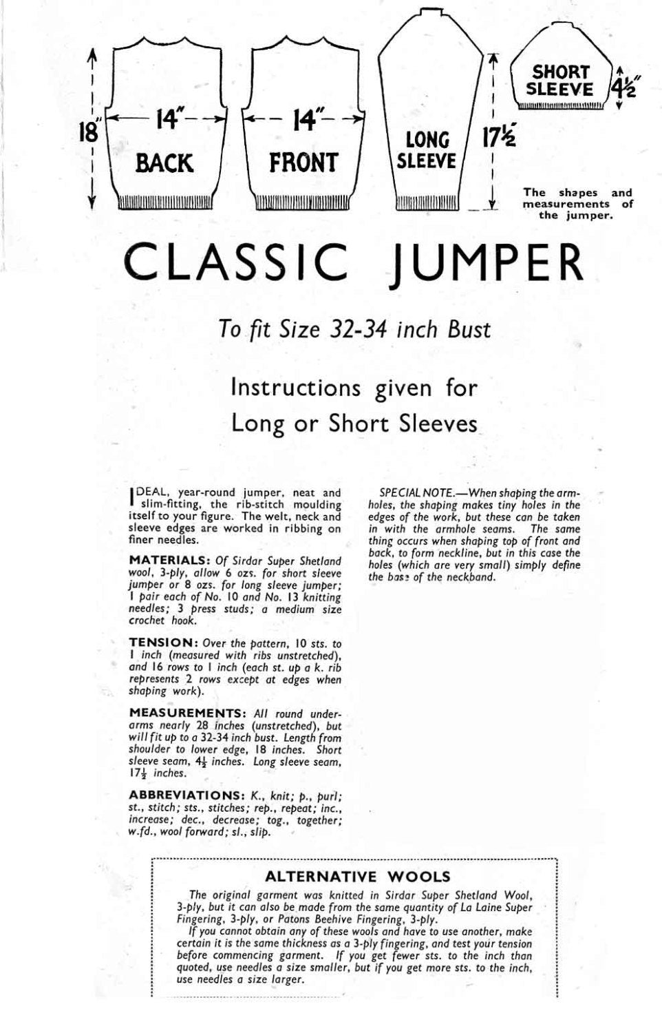 Ladies Ribbed Jumper, Long or Short Sleeves, 32"-34" Bust, 3ply, 40s Knitting Pattern, Weldons 454