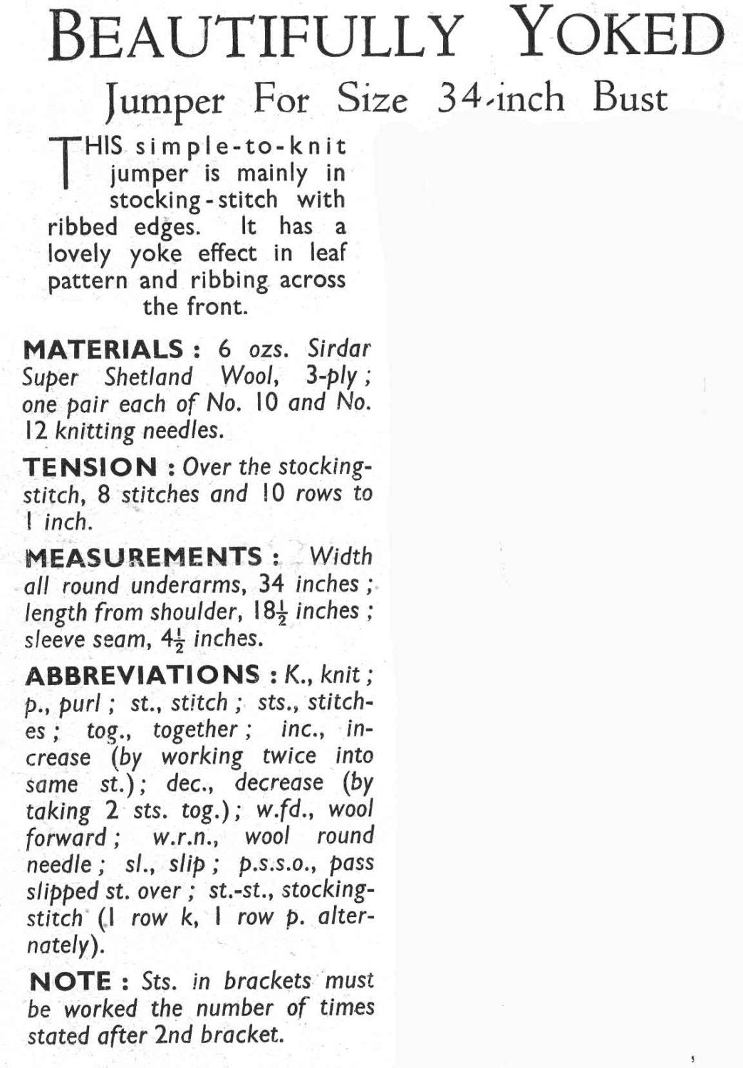 Ladies Yoked Jumper, 34" Bust, 3ply, 40s Knitting Pattern, Bestway 1642