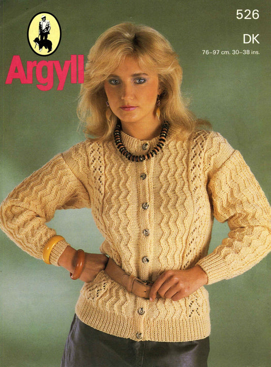 Ladies Lace Look Cardigan, With or Without Sleeves, 30"-38" Bust, DK, 80s Knitting Pattern, Argyll 526