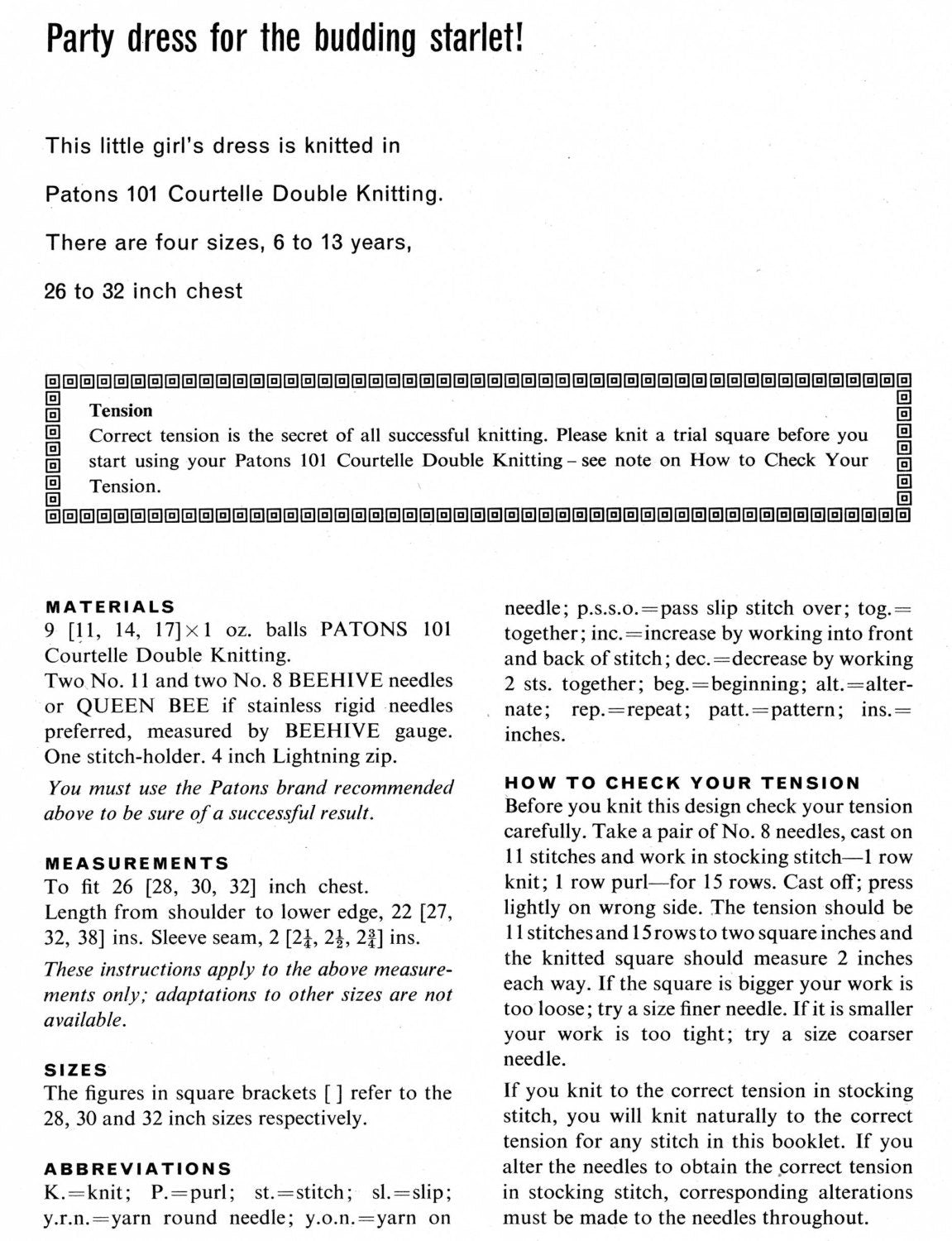 Girls Party Dress, 6-13 years, 26" - 32" Chest, DK, 60s Knitting Pattern, Patons 9656