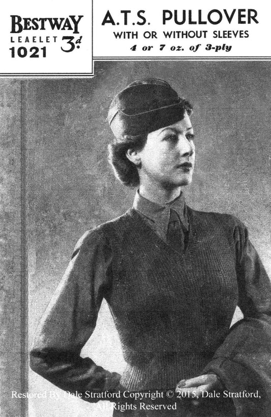 Ladies A.T.S. Pullover (with or without sleeves) To Fit 30"-34" Bust, 3ply, 40s Knitting Pattern, Bestway 1021