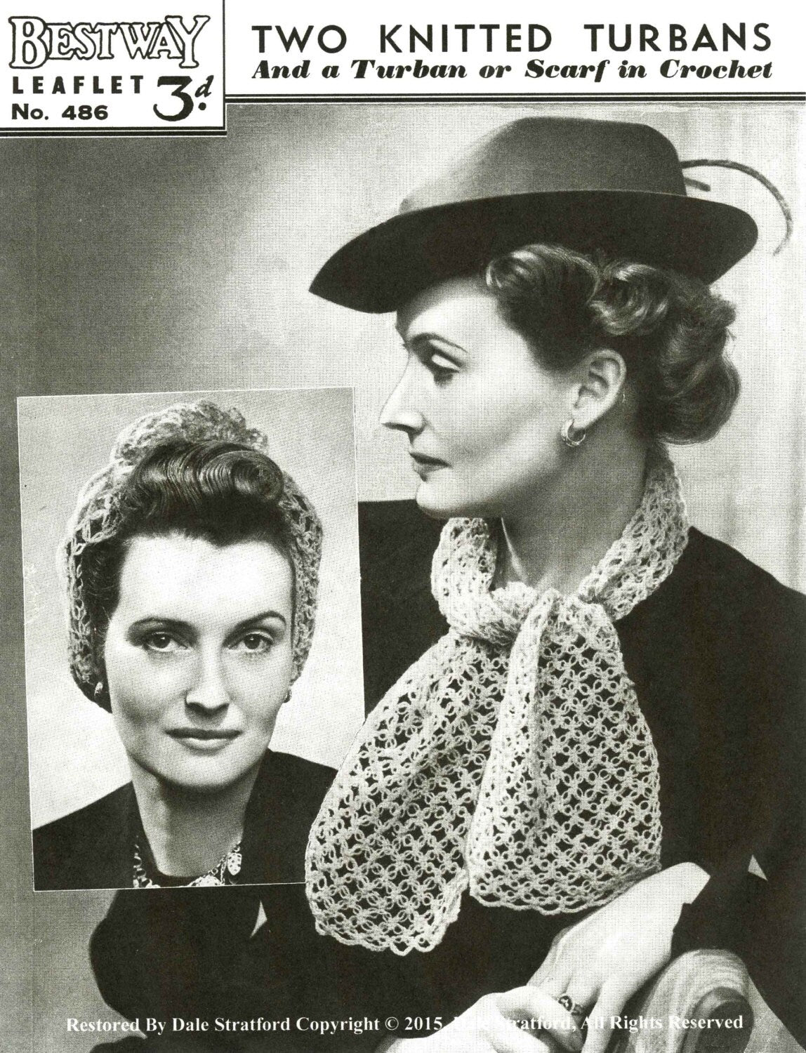 Ladies Turban 40s Knitting Pattern in 2ply, and Turban & Scarf Crochet Pattern in 2ply and 3ply, Bestway 486